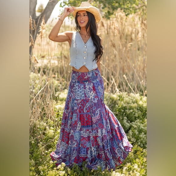 NWT Angie Clothing Boho Festival Americana Paisley Floral Smocked Maxi Skirt - Picture 8 of 8